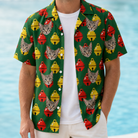 Man wearing Men's Ringing Revelry Custom Cat Face Hawaiian Shirt open over a white tee