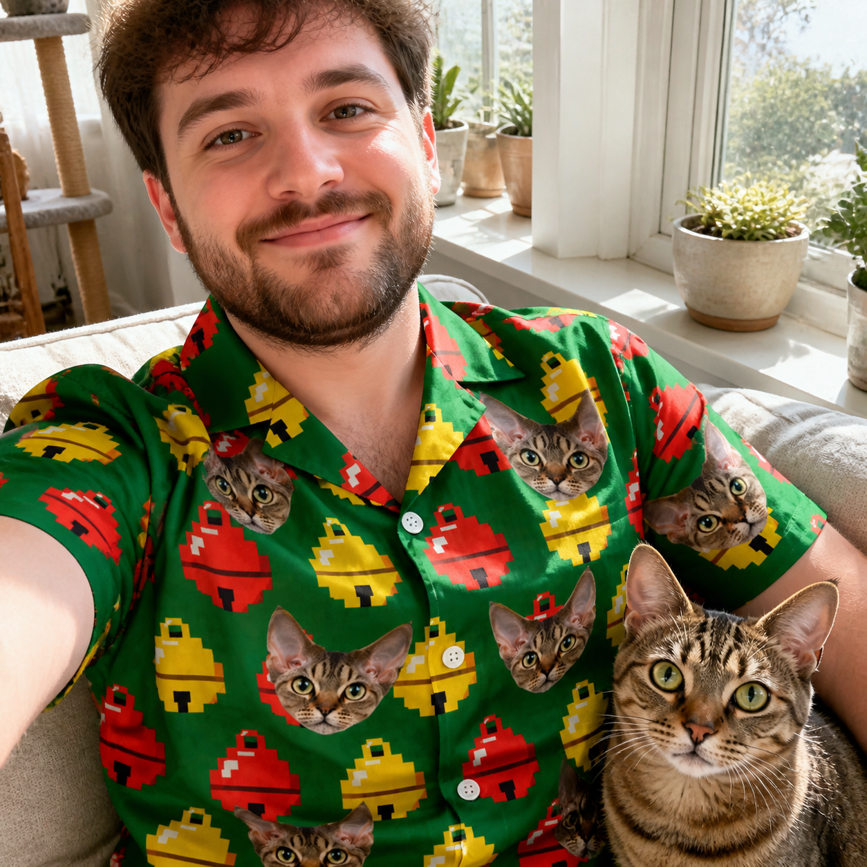 Selfie with the pet whose face is printed all over this Men's Ringing Revelry Custom Cat Face Hawaiian Shirt