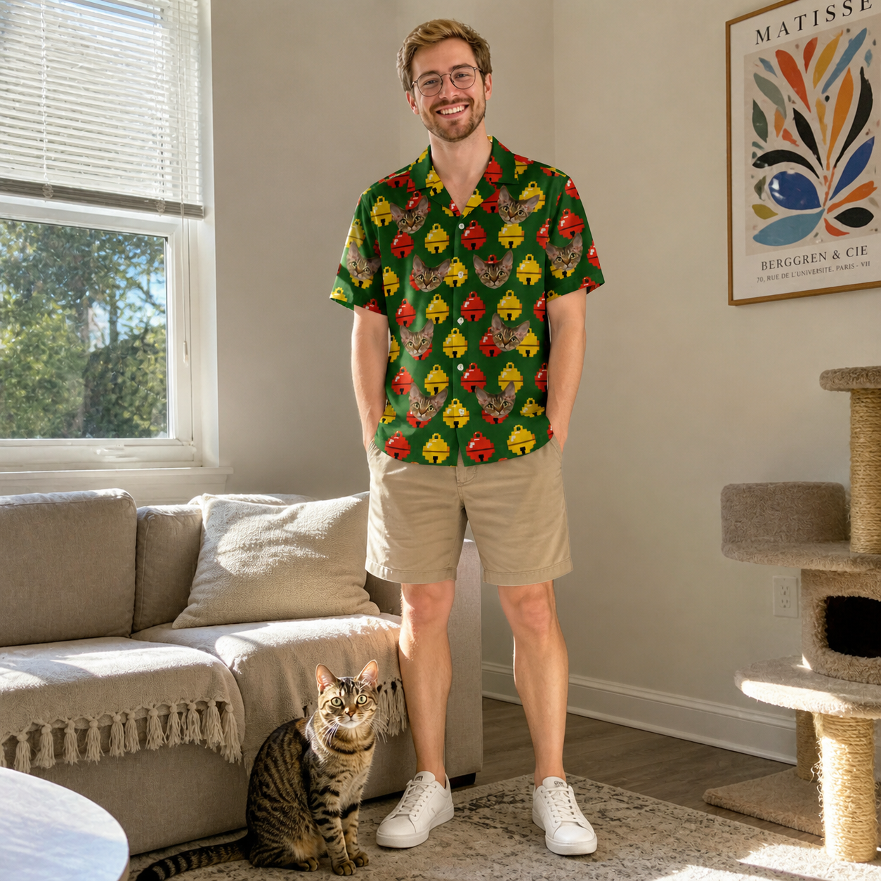Full-length photo with the pet printed all over this Men's Ringing Revelry Custom Cat Face Hawaiian Shirt