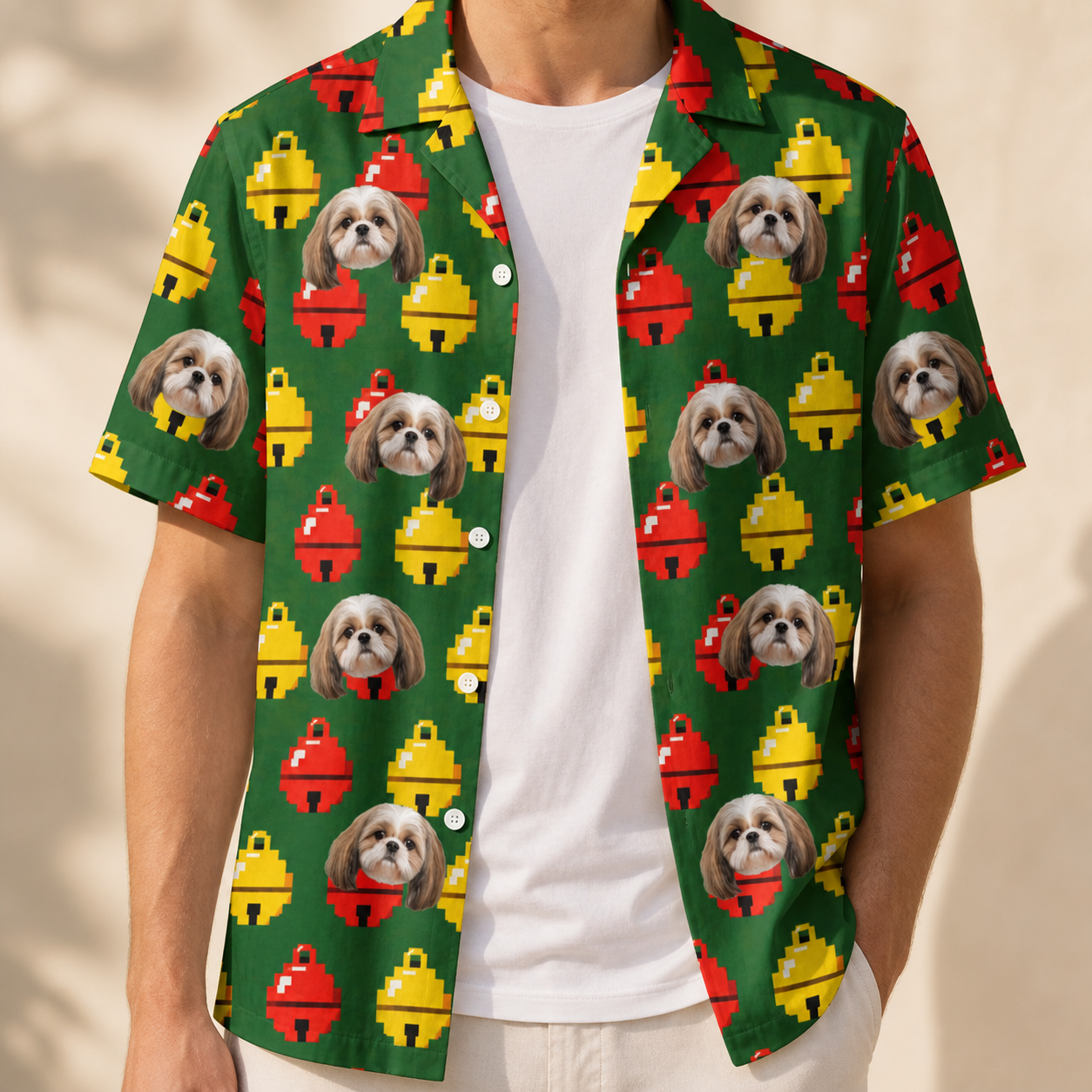 Man wearing Men's Ringing Revelry Custom Dog Face Hawaiian Shirt open over a white tee