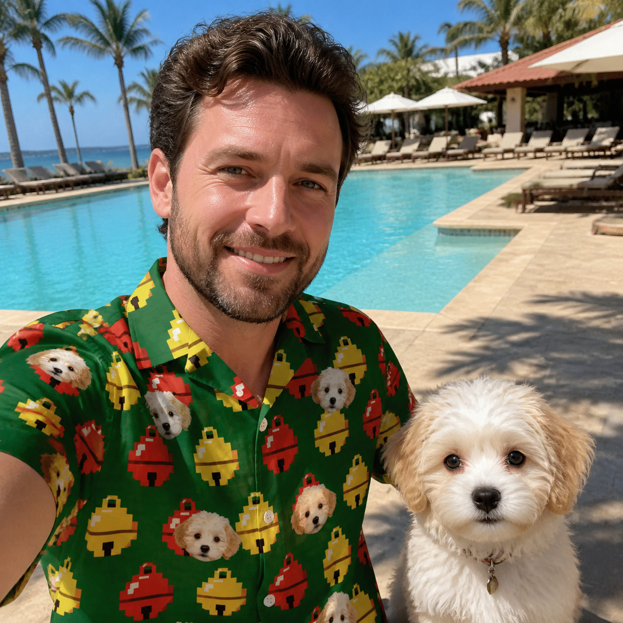 Selfie with the pet whose face is printed all over this Men's Ringing Revelry Custom Dog Face Hawaiian Shirt