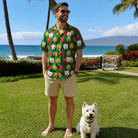 Full-length photo with the pet printed all over this Men's Ringing Revelry Custom Dog Face Hawaiian Shirt