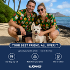 Friends in matching Men's Ringing Revelry Custom Dog Face Hawaiian Shirt — a group gift photo