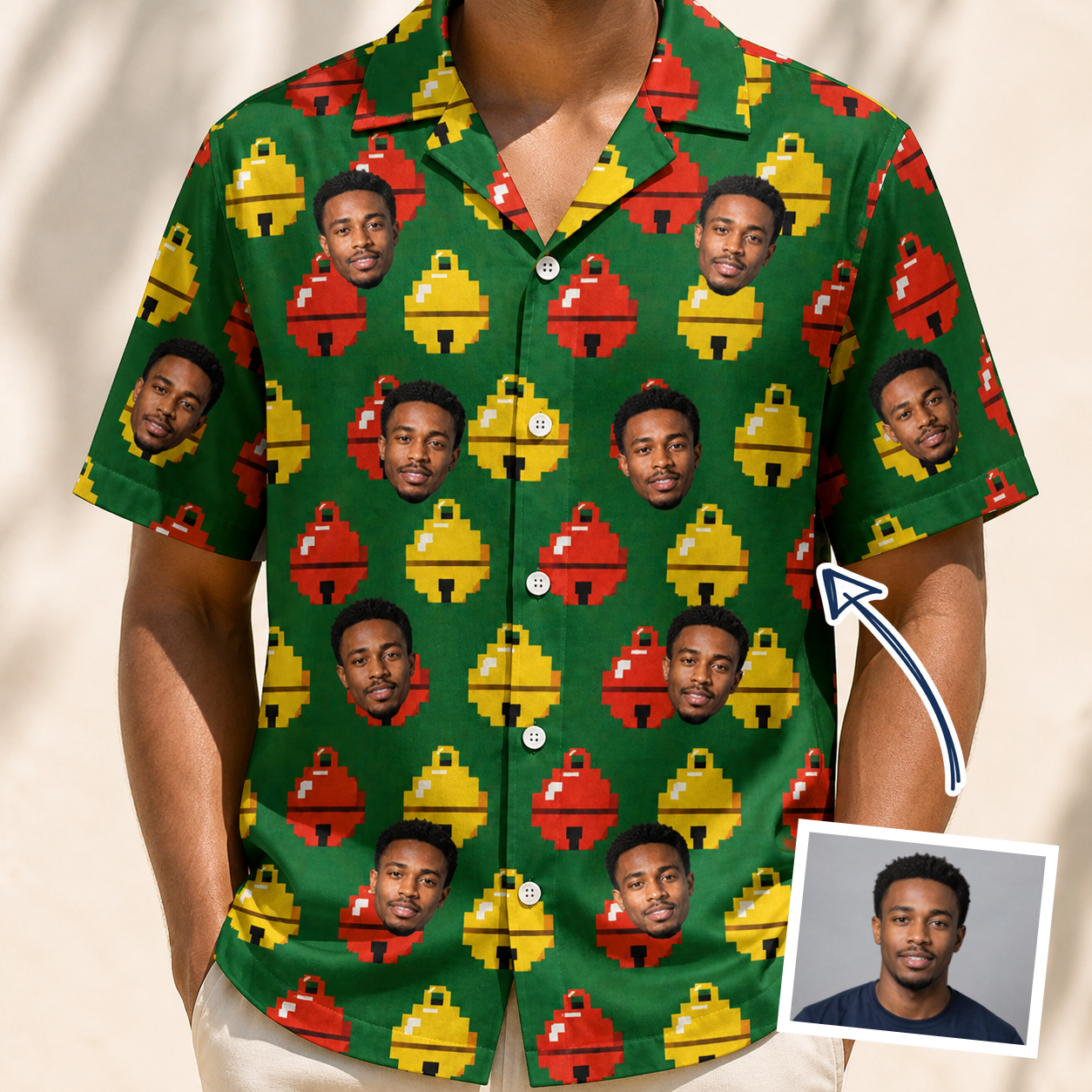 Man wearing Men's Ringing Revelry Custom Face Hawaiian Shirt — custom faces printed all-over