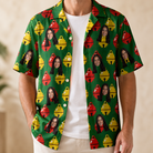 Man wearing Men's Ringing Revelry Custom Face Hawaiian Shirt open over a white tee
