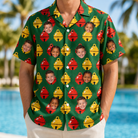 Model wearing Men's Ringing Revelry Custom Face Hawaiian Shirt printed with kids' faces