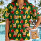 Woman wearing Women's Ringing Revelry Custom Cat Face Hawaiian Shirt — custom faces printed all-over