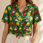 Woman wearing Women's Ringing Revelry Custom Cat Face Hawaiian Shirt tied at the waist