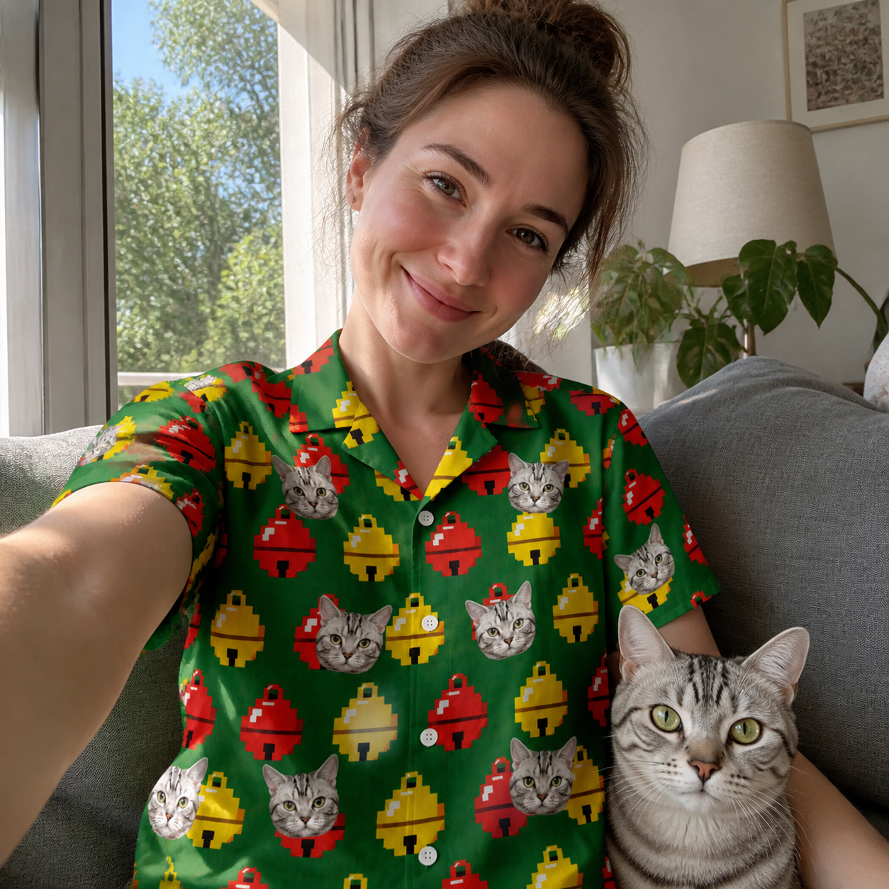 Selfie with the pet whose face is printed all over this Women's Ringing Revelry Custom Cat Face Hawaiian Shirt