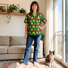 Full-length photo with the pet printed all over this Women's Ringing Revelry Custom Cat Face Hawaiian Shirt