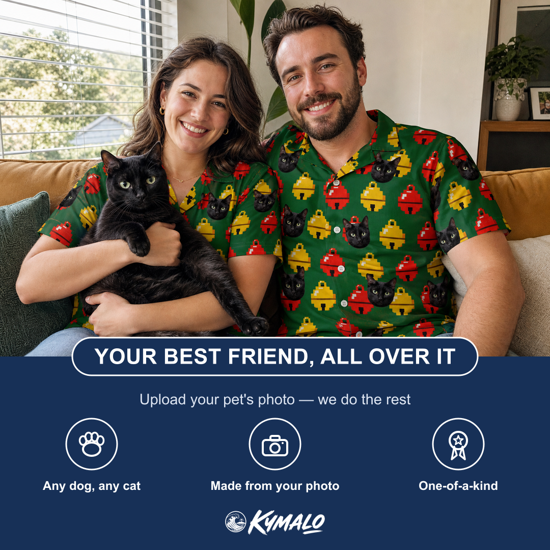 Friends in matching Women's Ringing Revelry Custom Cat Face Hawaiian Shirt — a group gift photo