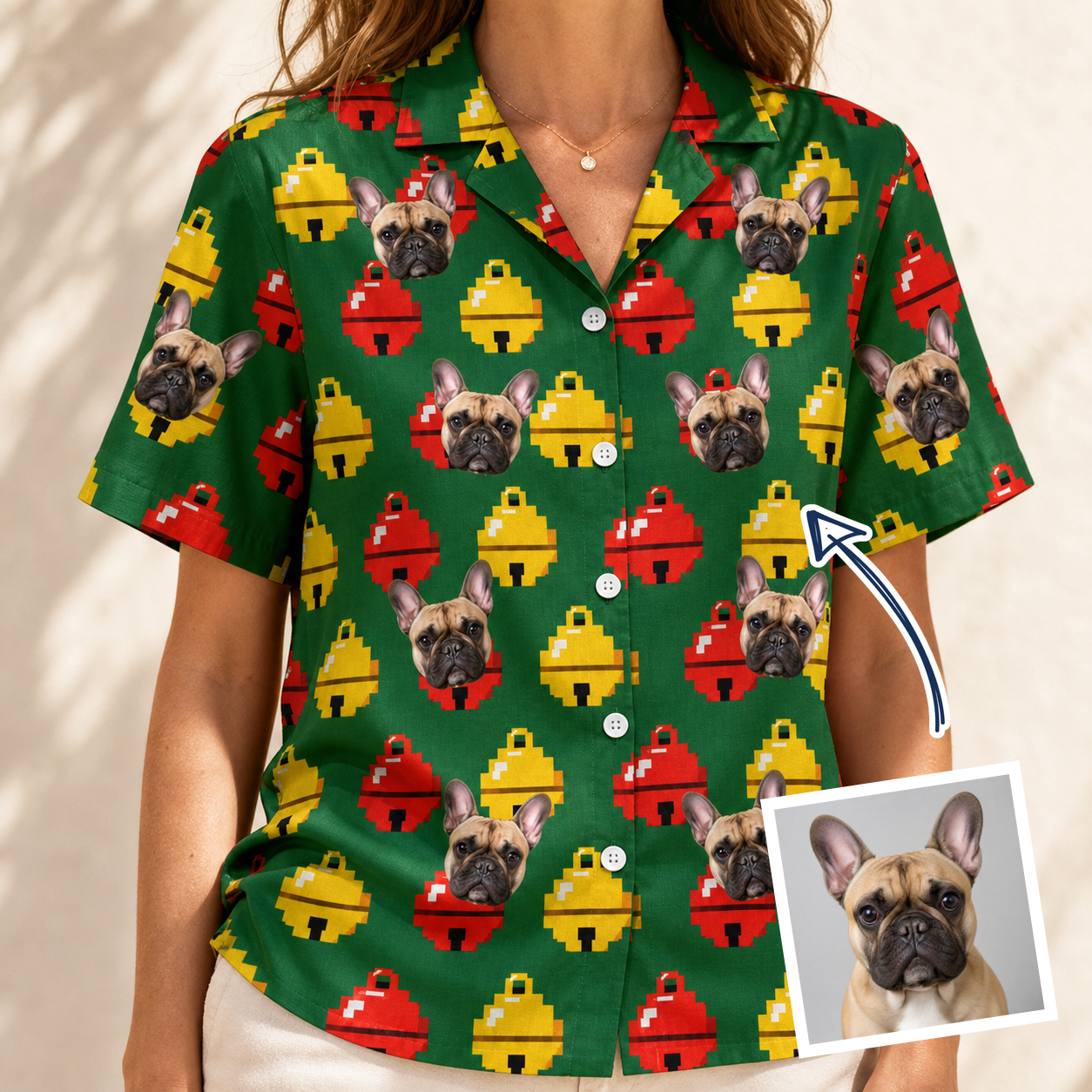Woman wearing Women's Ringing Revelry Custom Dog Face Hawaiian Shirt — custom faces printed all-over