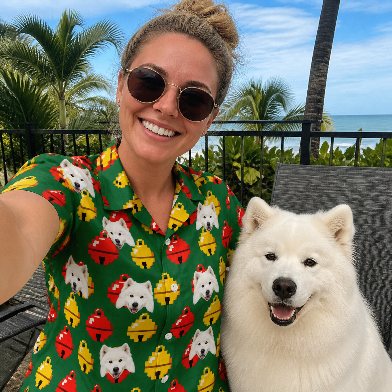 Selfie with the pet whose face is printed all over this Women's Ringing Revelry Custom Dog Face Hawaiian Shirt