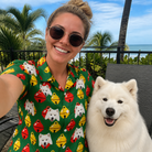 Selfie with the pet whose face is printed all over this Women's Ringing Revelry Custom Dog Face Hawaiian Shirt