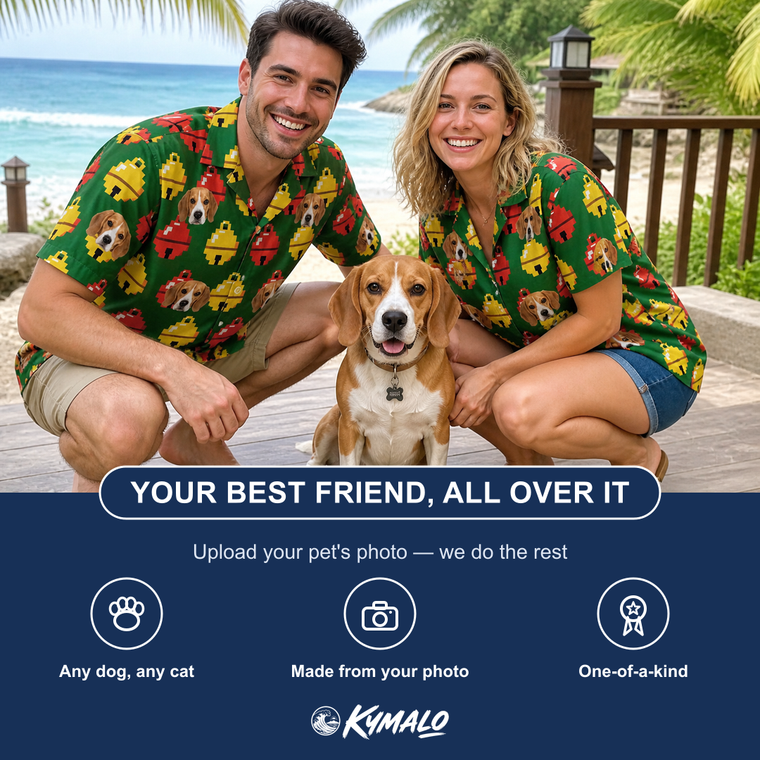 Friends in matching Women's Ringing Revelry Custom Dog Face Hawaiian Shirt — a group gift photo