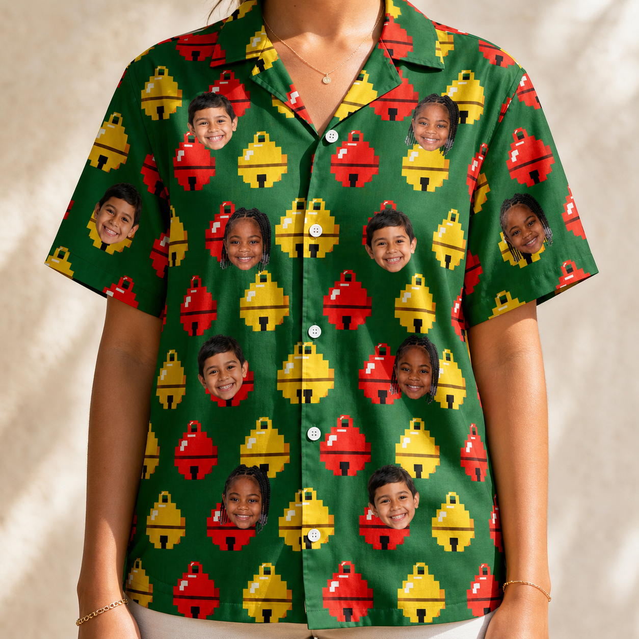 Model wearing Women's Ringing Revelry Custom Face Hawaiian Shirt printed with kids' faces