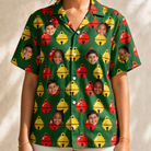 Model wearing Women's Ringing Revelry Custom Face Hawaiian Shirt printed with kids' faces