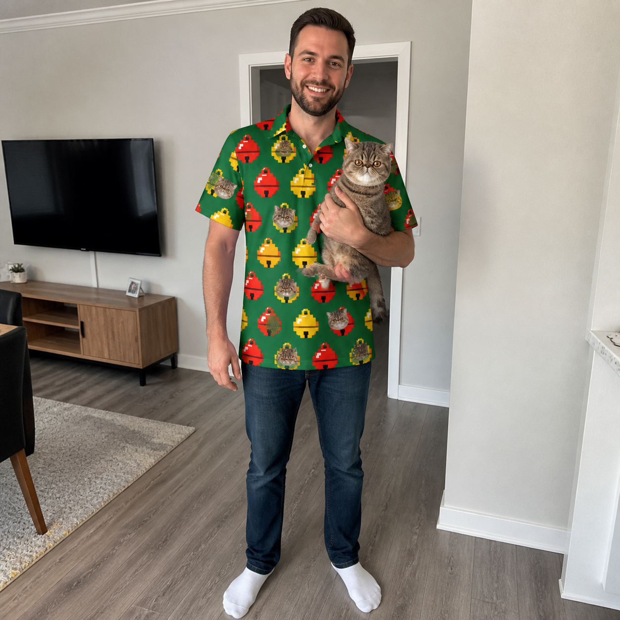 Full-length photo with the pet printed all over this Men's Ringing Revelry Custom Cat Face Polo Shirt