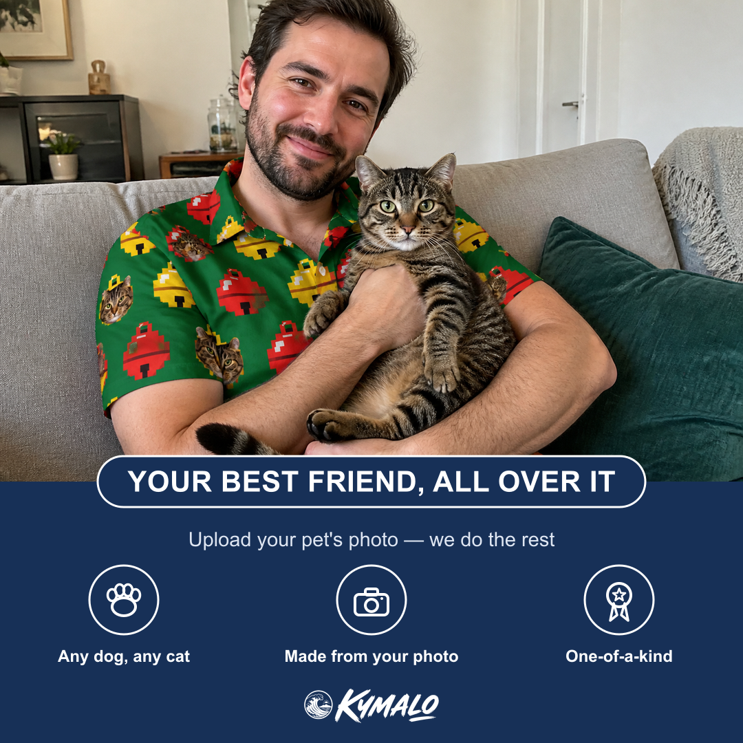 Friends in matching Men's Ringing Revelry Custom Cat Face Polo Shirt — a group gift photo