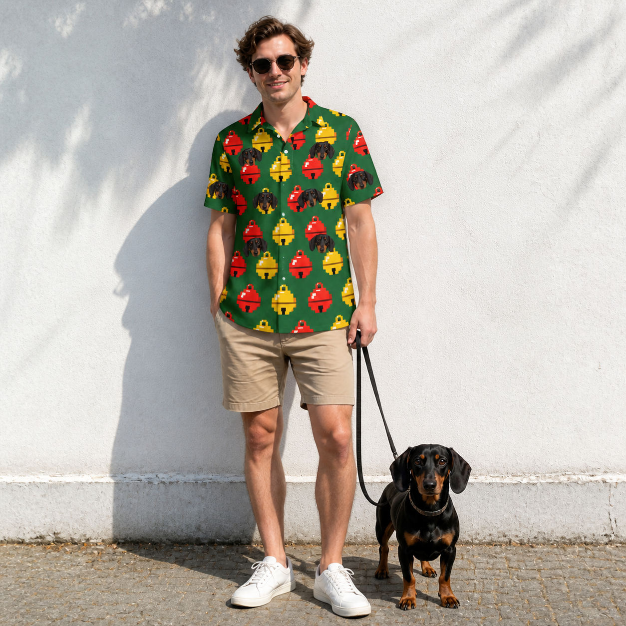 Full-length photo with the pet printed all over this Men's Ringing Revelry Custom Dog Face Polo Shirt