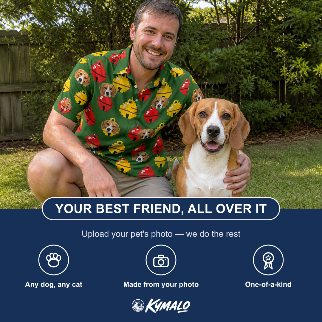 Friends in matching Men's Ringing Revelry Custom Dog Face Polo Shirt — a group gift photo