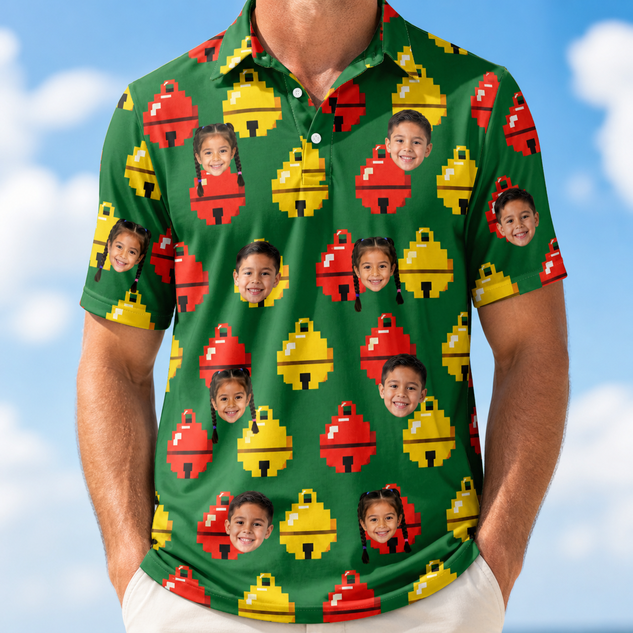 Model wearing Men's Ringing Revelry Custom Face Polo Shirt printed with kids' faces