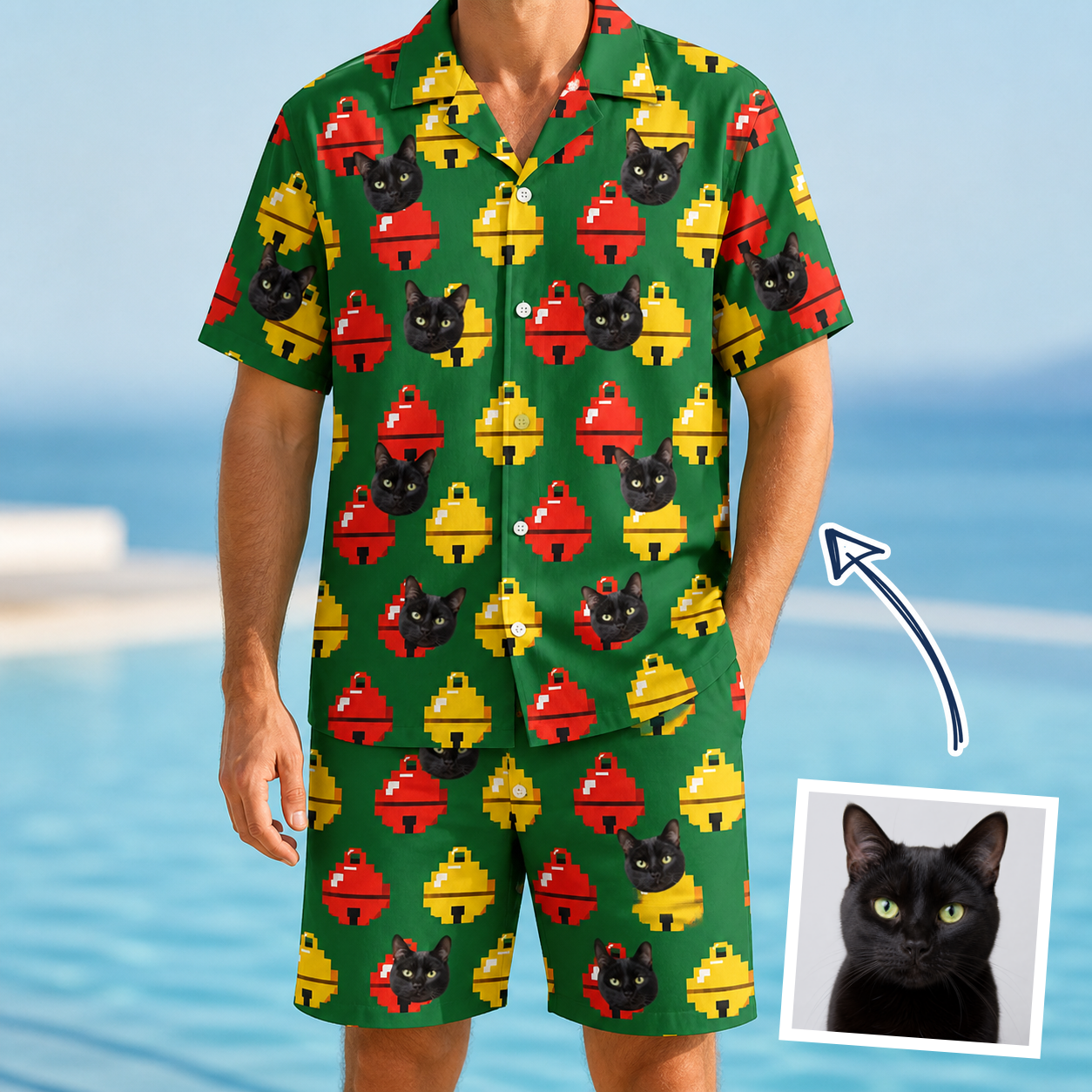 Man wearing Men's Ringing Revelry Custom Cat Face Shirt & Shorts Set — custom faces printed all-over