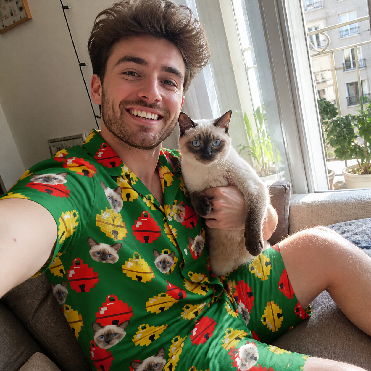 Selfie with the pet whose face is printed all over this Men's Ringing Revelry Custom Cat Face Shirt & Shorts Set