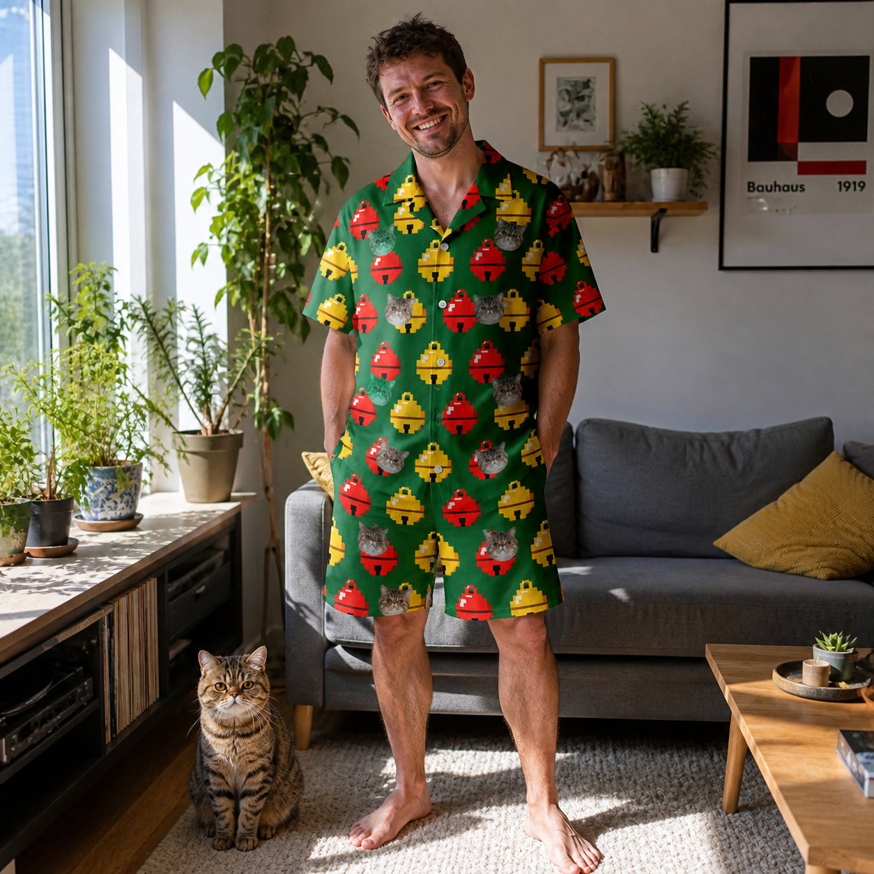 Full-length photo with the pet printed all over this Men's Ringing Revelry Custom Cat Face Shirt & Shorts Set