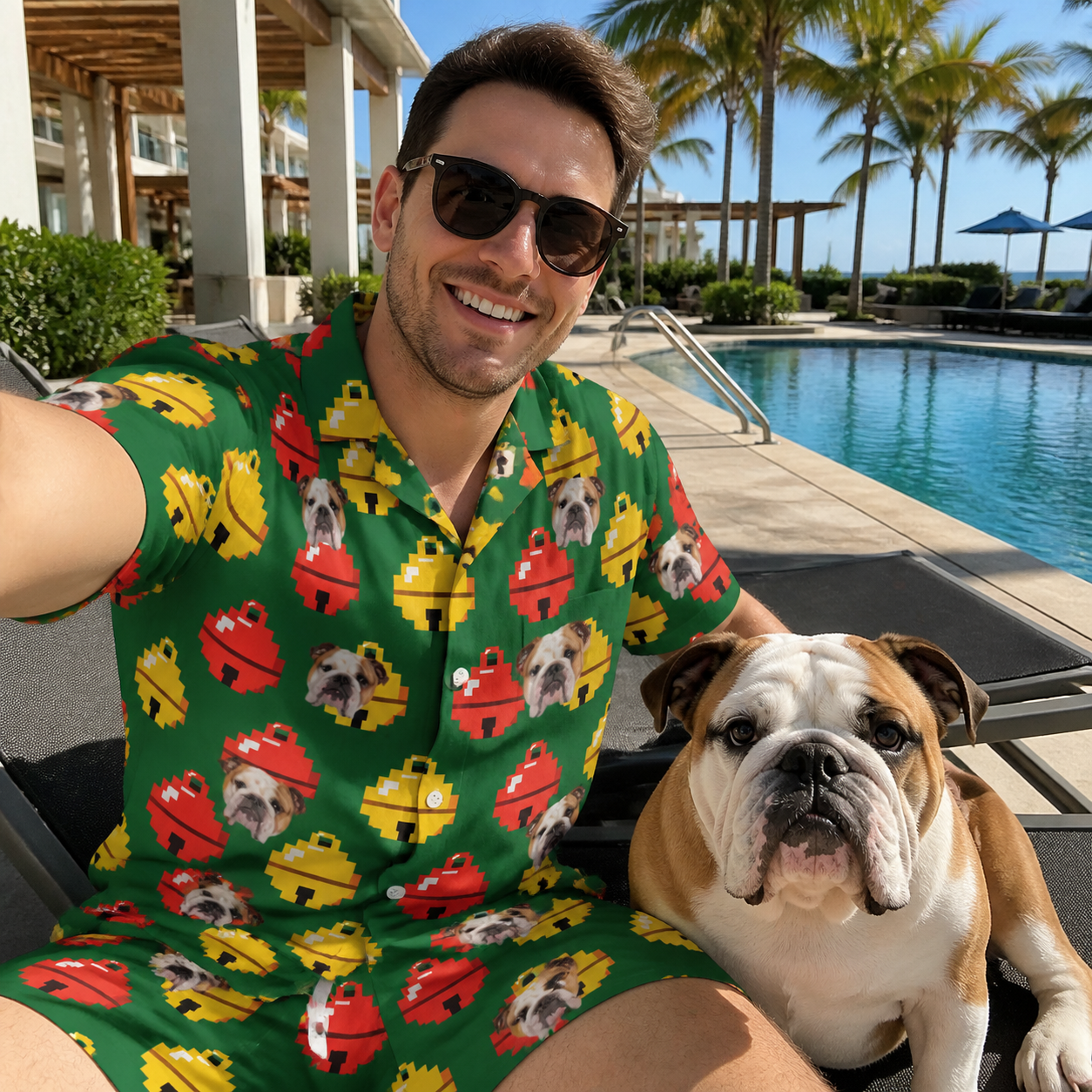 Selfie with the pet whose face is printed all over this Men's Ringing Revelry Custom Dog Face Shirt & Shorts Set