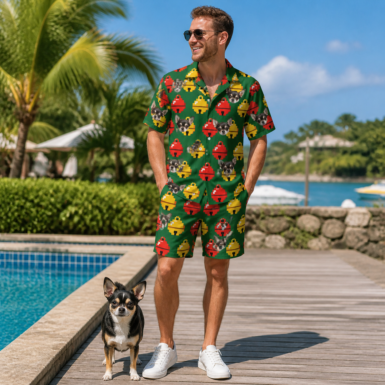 Full-length photo with the pet printed all over this Men's Ringing Revelry Custom Dog Face Shirt & Shorts Set
