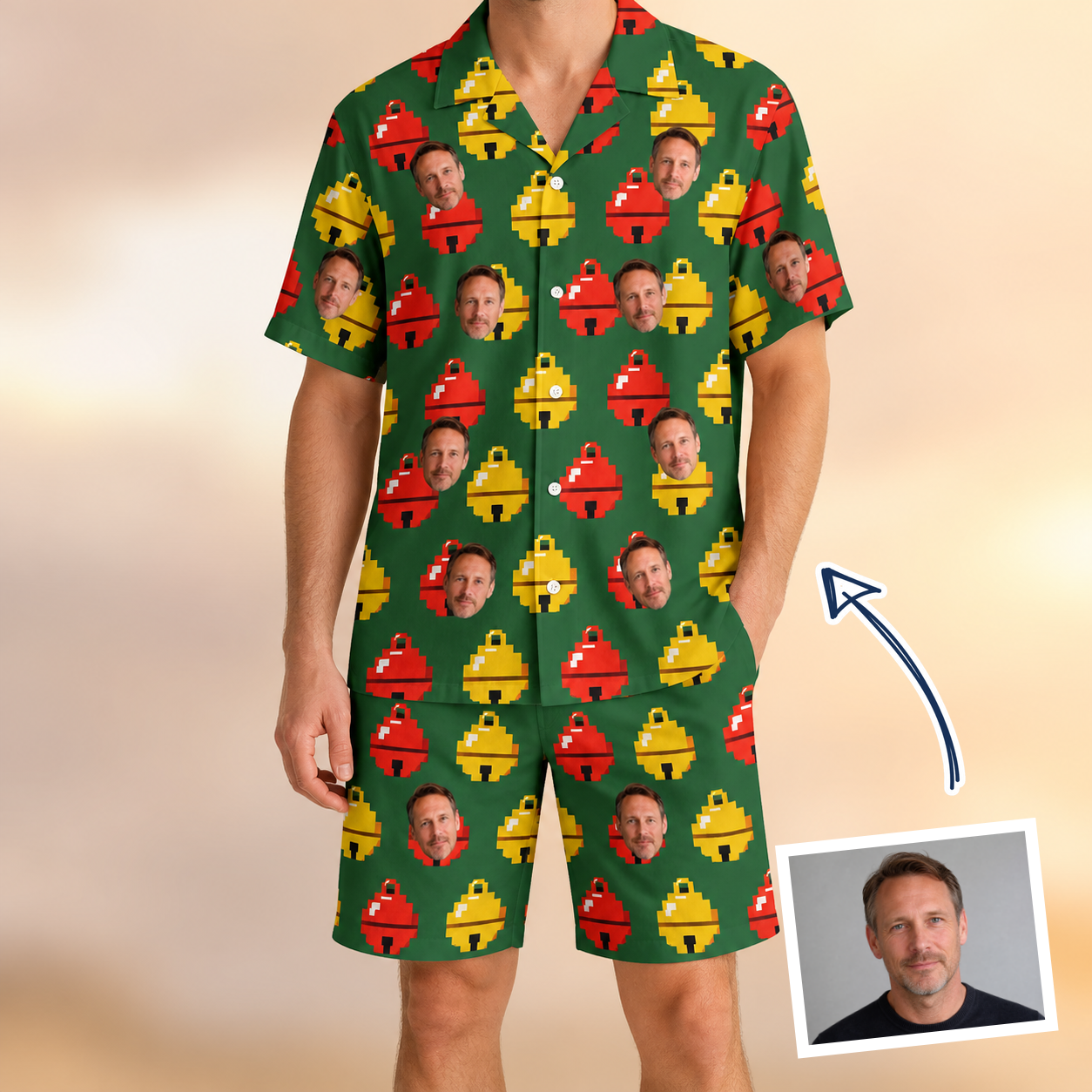 Man wearing Men's Ringing Revelry Custom Face Shirt & Shorts Set — custom faces printed all-over