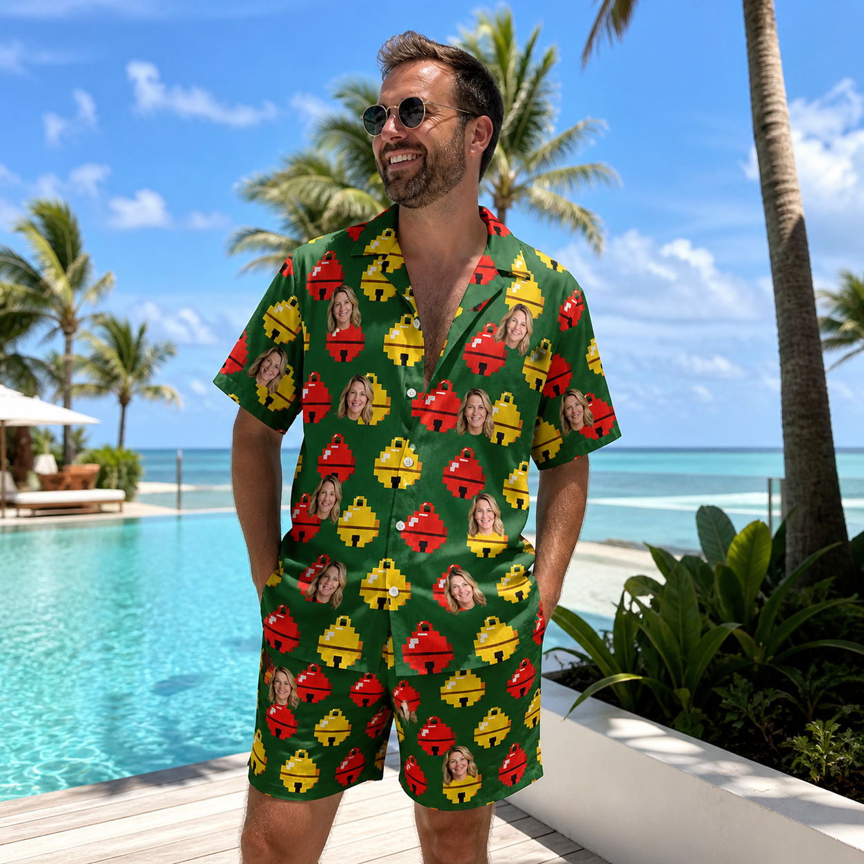Real-life photo of someone wearing Men's Ringing Revelry Custom Face Shirt & Shorts Set — custom faces printed all-over