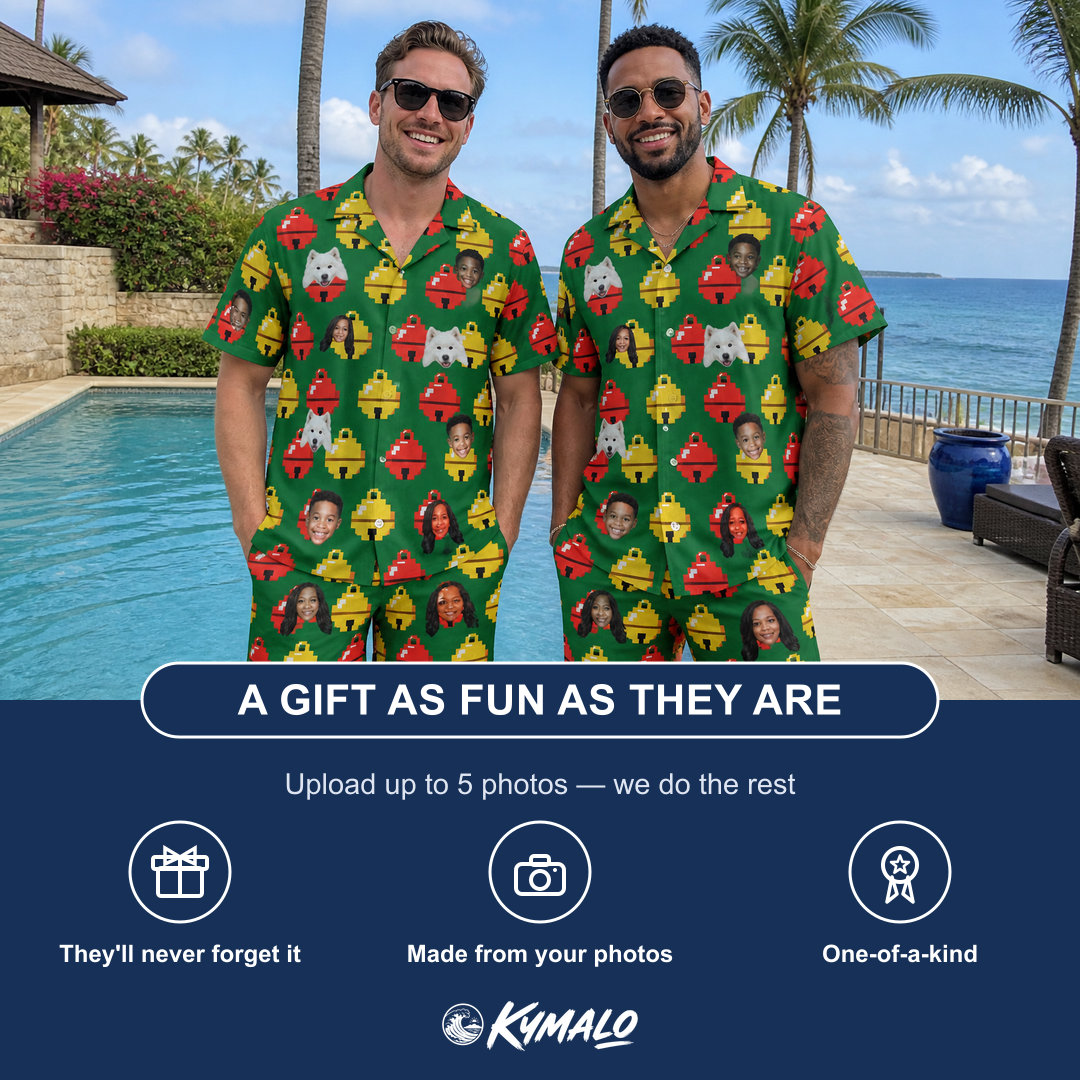 Friends in matching Men's Ringing Revelry Custom Face Shirt & Shorts Set — a group gift photo