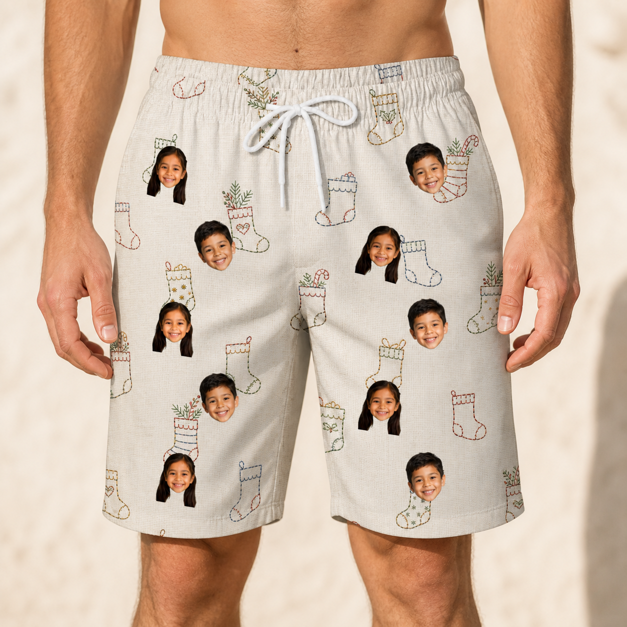 Model wearing Men's Santa Satchels Custom Face Beach Shorts printed with kids' faces