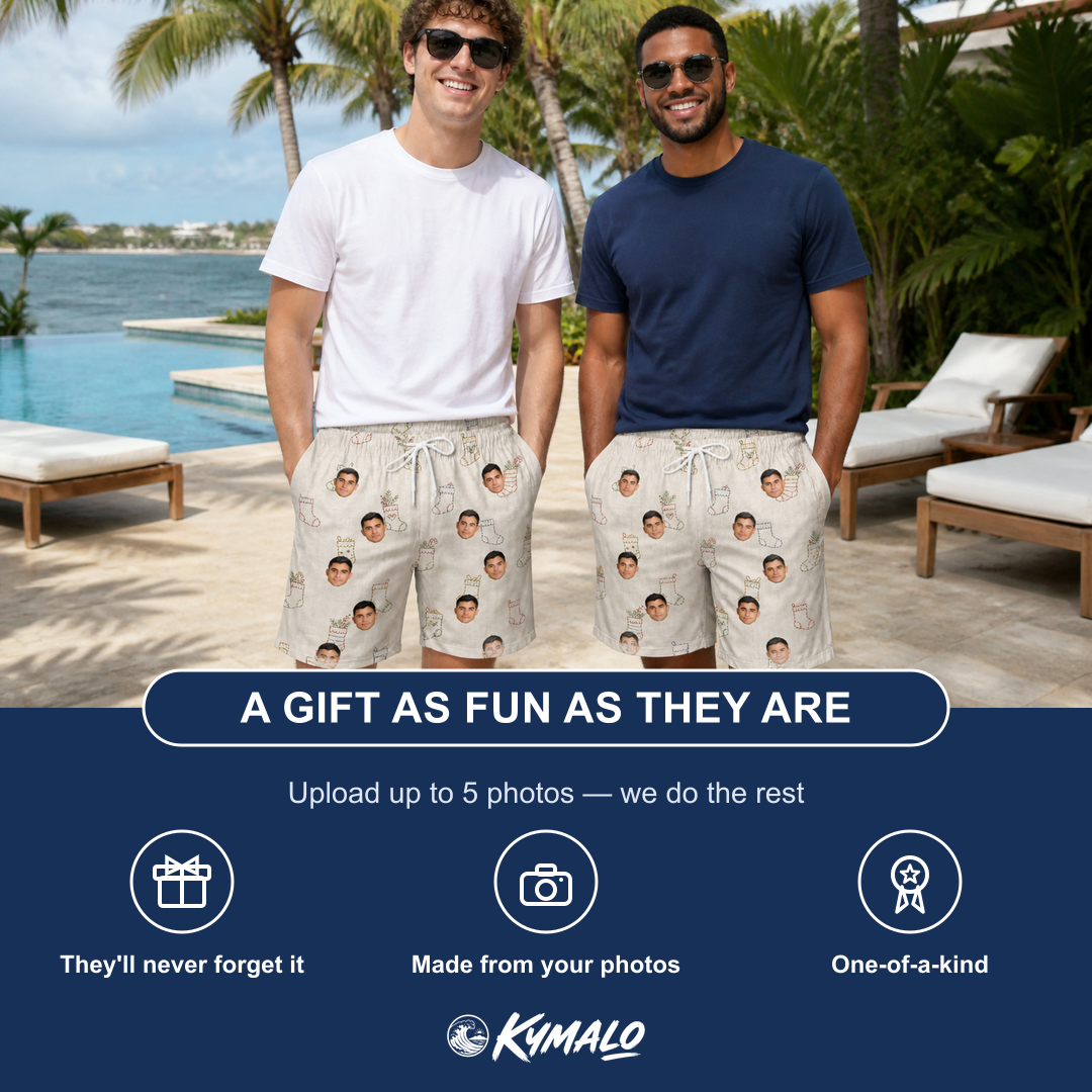Friends in matching Men's Santa Satchels Custom Face Beach Shorts — a group gift photo