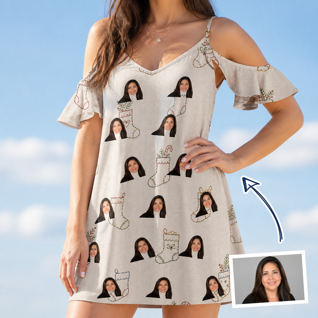 Woman wearing Women's Santa Satchels Custom Face Off-Shoulder Dress — custom faces printed all-over