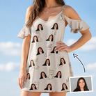 Woman wearing Women's Santa Satchels Custom Face Off-Shoulder Dress — custom faces printed all-over