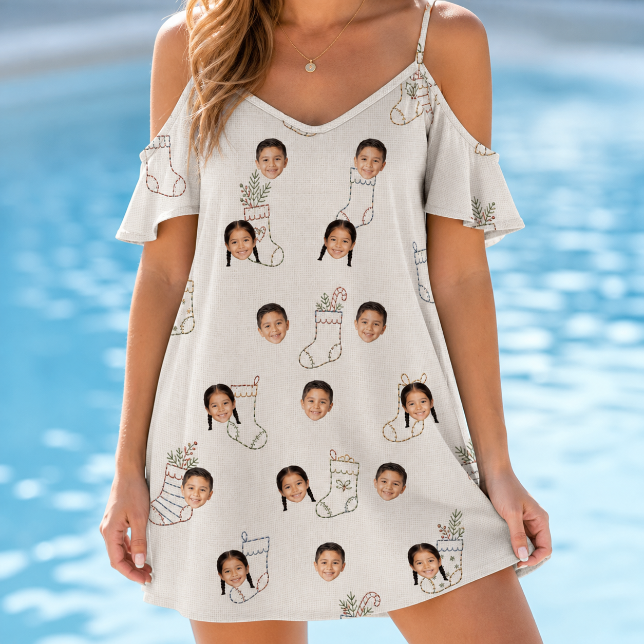 Model wearing Women's Santa Satchels Custom Face Off-Shoulder Dress printed with kids' faces