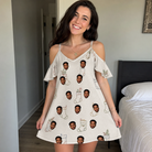 Real-life photo of someone wearing Women's Santa Satchels Custom Face Off-Shoulder Dress — custom faces printed all-over