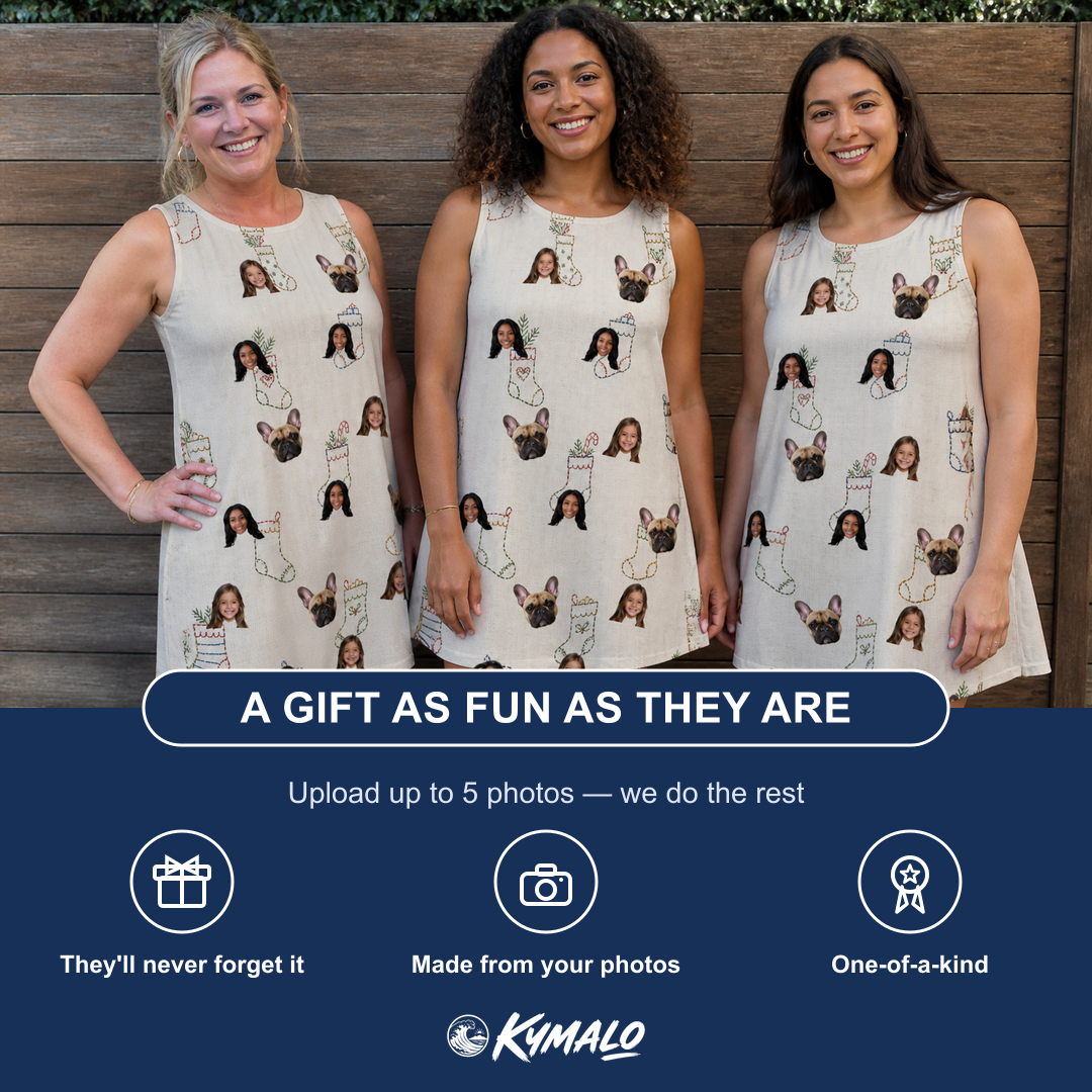 Friends in matching Women's Santa Satchels Custom Face Tank Dress — a group gift photo