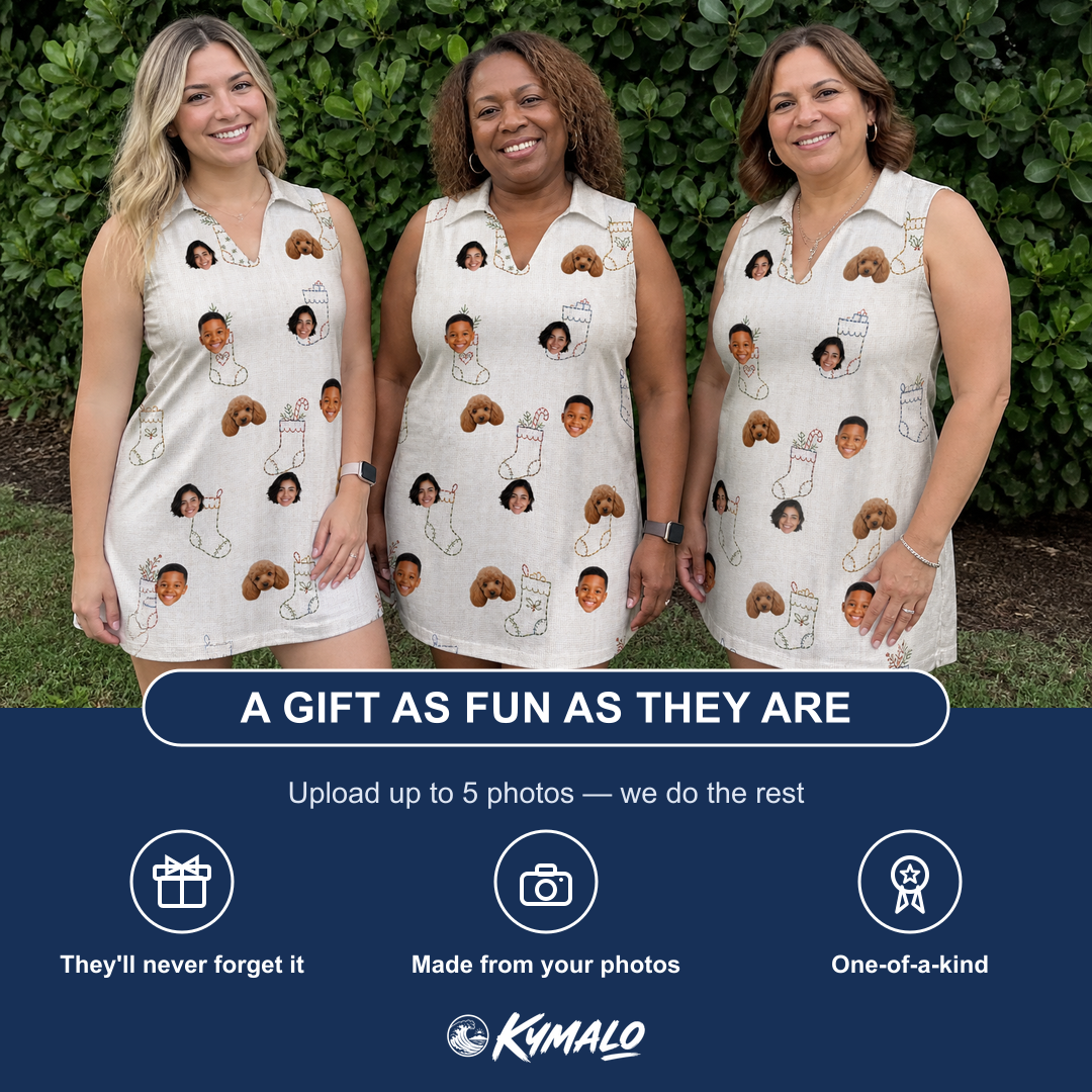 Friends in matching Women's Santa Satchels Custom Face V-Neck Dress — a group gift photo