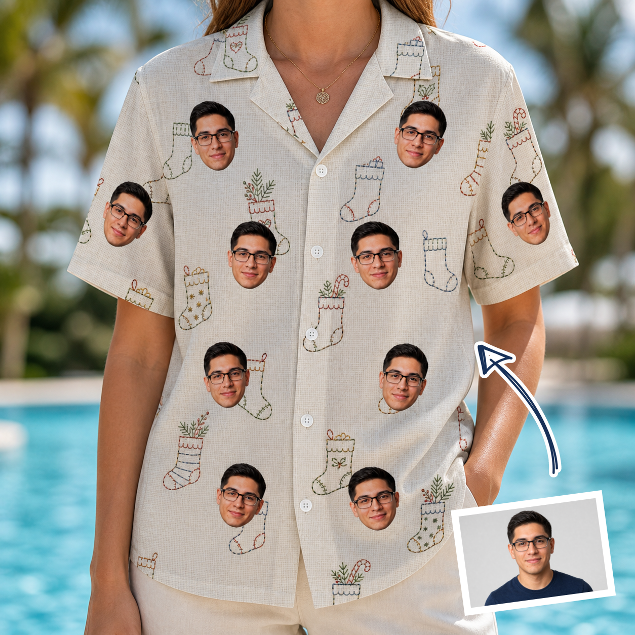 Woman wearing Women's Santa Satchels Custom Face Hawaiian Shirt — custom faces printed all-over
