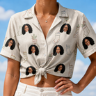 Woman wearing Women's Santa Satchels Custom Face Hawaiian Shirt tied at the waist