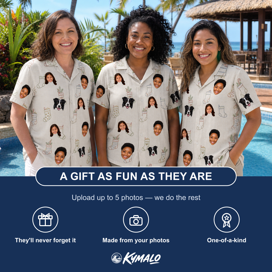 Friends in matching Women's Santa Satchels Custom Face Hawaiian Shirt — a group gift photo
