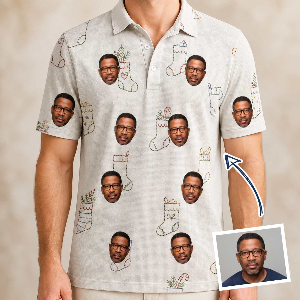 Man wearing Men's Santa Satchels Custom Face Polo Shirt — custom faces printed all-over