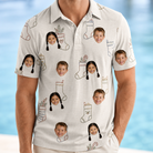 Model wearing Men's Santa Satchels Custom Face Polo Shirt printed with kids' faces