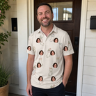Real-life photo of someone wearing Men's Santa Satchels Custom Face Polo Shirt — custom faces printed all-over