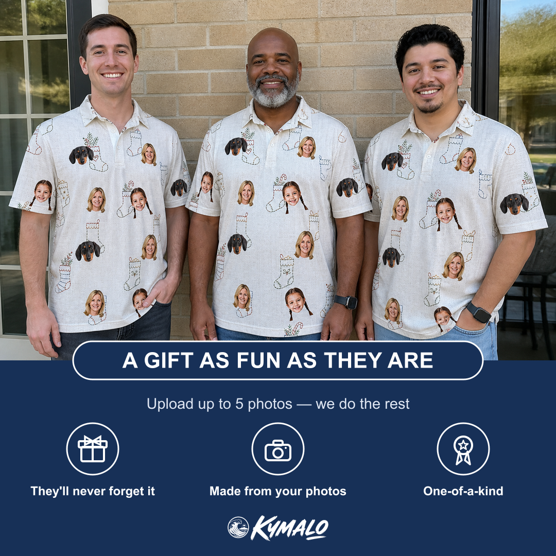 Friends in matching Men's Santa Satchels Custom Face Polo Shirt — a group gift photo