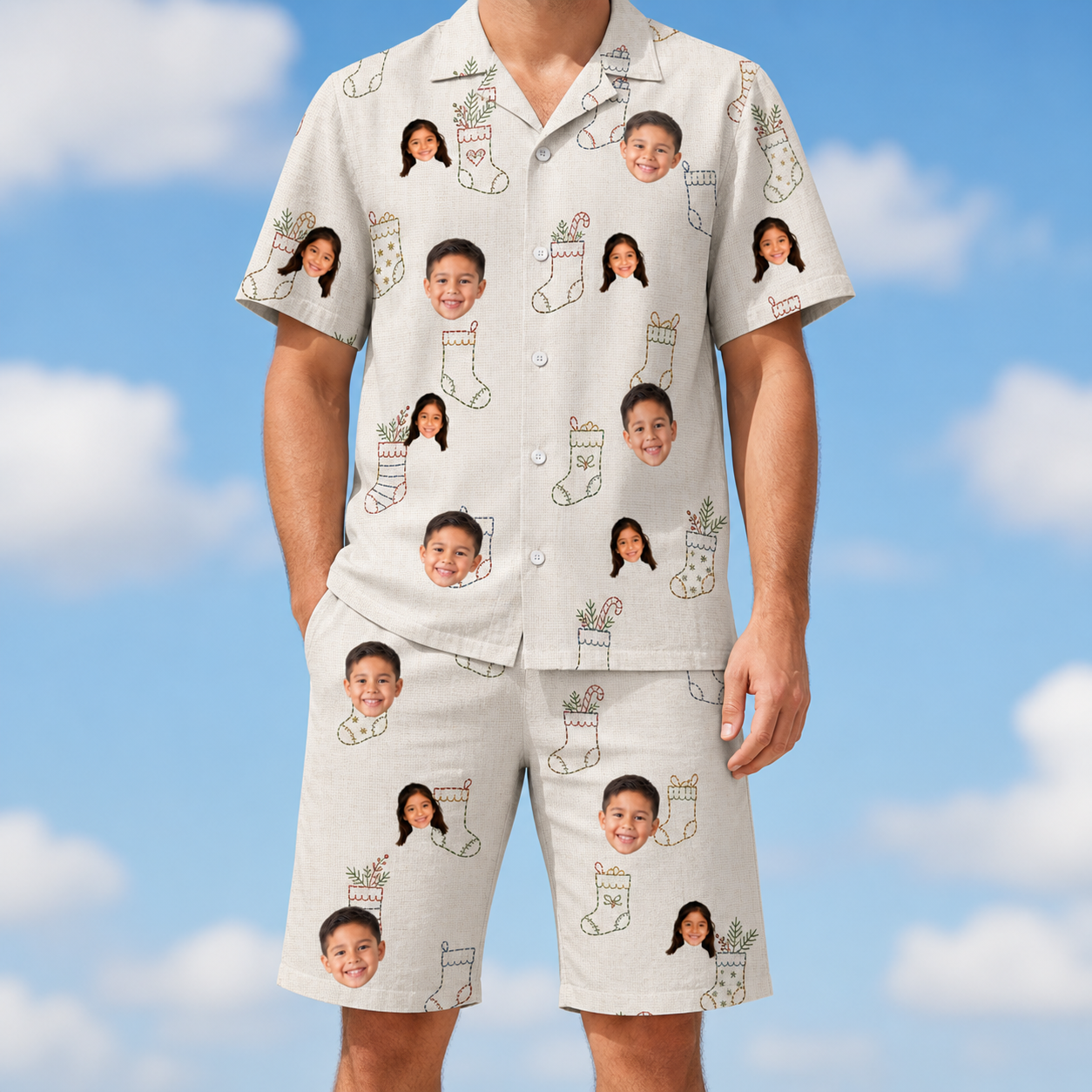 Model wearing Men's Santa Satchels Custom Face Shirt & Shorts Set printed with kids' faces